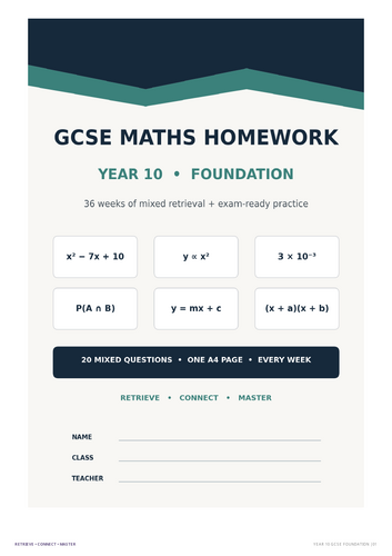 Year 10 GCSE Maths Foundation Homework | 36 Weeks | Mixed Retrieval | Full Answers
