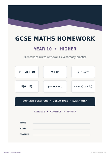Year 10 GCSE Maths Higher Homework | 36 Weeks | Higher Tier Retrieval | Full Answers