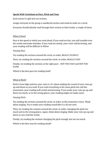 SPEAKING AND LISTENING activities for varying pitch pace and tone