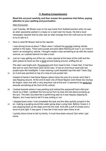 7+ Reading Comprehension and Composition ALIEN ENCOUNTER