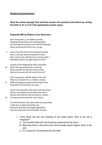 11+ Poetry Reading Comprehension KEEPSAKE MILL