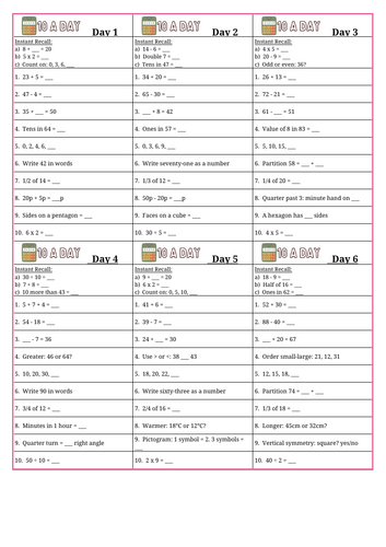 Year 2 Maths 10-a-Day: 26 Days of Daily Retrieval Practice