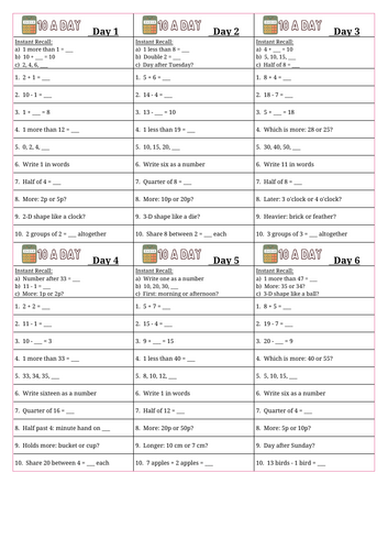 Year 1 Maths 10-a-Day: 26 Days of Daily Retrieval Practice