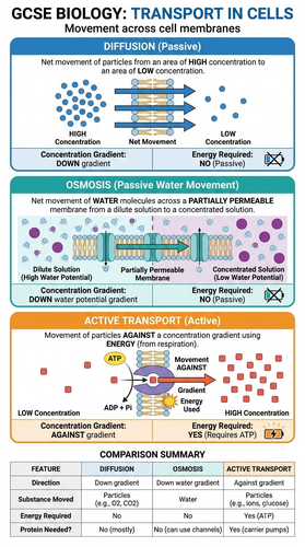 GCSE Biology Transport in Cells Infographic | Diffusion, Osmosis & Active Transport