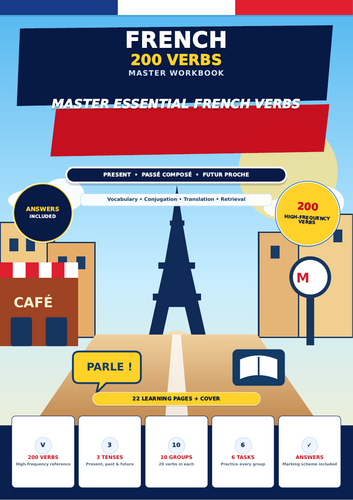 Year 7 French | 200 Essential Verbs Workbook | Present, Passé Composé & Near Future + Answers