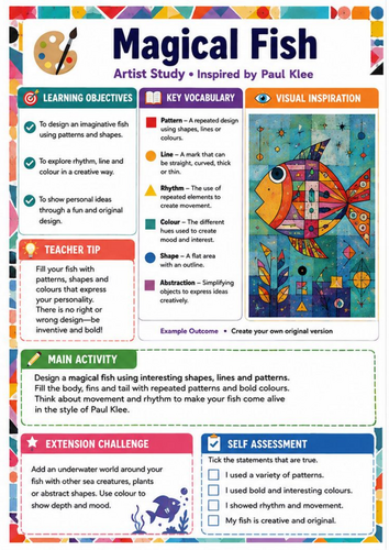 Paul Klee Magical Fish Art Worksheet | KS3 Pattern, Shape and Colour Lesson