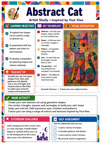 Paul Klee Abstract Cat Art Worksheet | KS3 Shape, Pattern and Colour Lesson