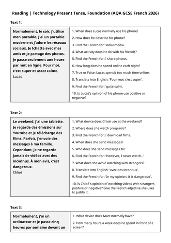 AQA GCSE 2026: Activities Online Reading | Technology (French Foundation)