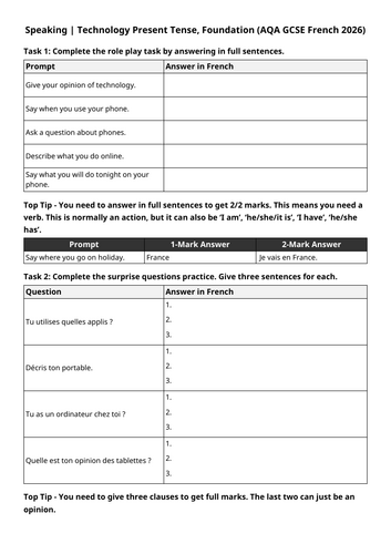 AQA GCSE 2026: Activities Online Speaking Exam | Technology (French Foundation)