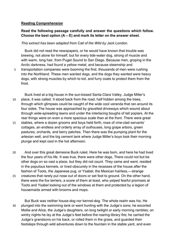 11+ MCQ Reading Comprehension CALL OF THE WILD