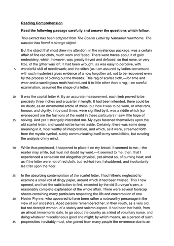 11+ MCQ Reading Comprehension THE SCRALET LETTER