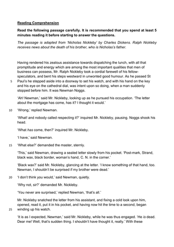 11+ MCQ Reading Comprehension NICHOLAS NICKELBY