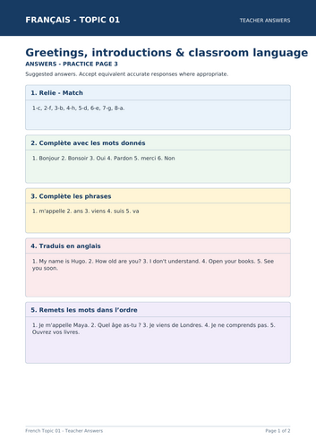 French Greetings, Introductions & Classroom Language | 4-Page Vocabulary Workbook + Answers