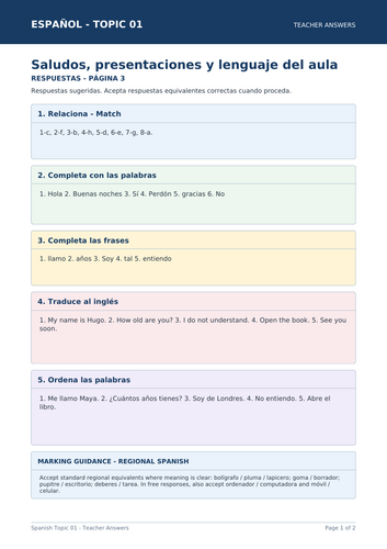 Spanish Greetings, Introductions & Classroom Language | 4-Page Vocabulary Workbook + Answers
