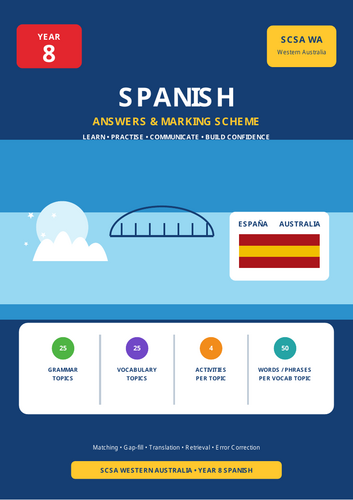 SCSA Western Australia Spanish Year 8 | 100-Page Grammar & Vocabulary Workbook + Answers