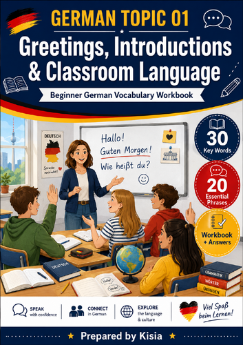 German Greetings, Introductions & Classroom Language | 4-Page Vocabulary Workbook + Answers