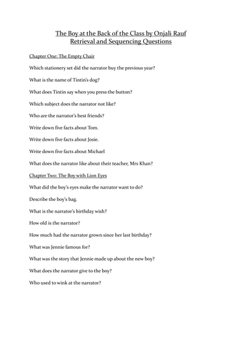 Retrieval and Sequencing Questions BOY AT THE BACK OF THE CLASS