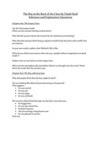Inference and Explanation Questions THE BOY AT THE BACK OF THE CLASS