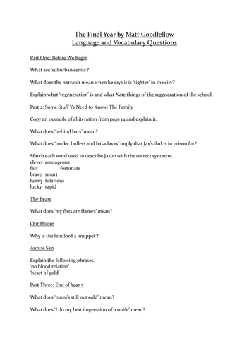 Vocabulary and Language Questions THE FINAL YEAR