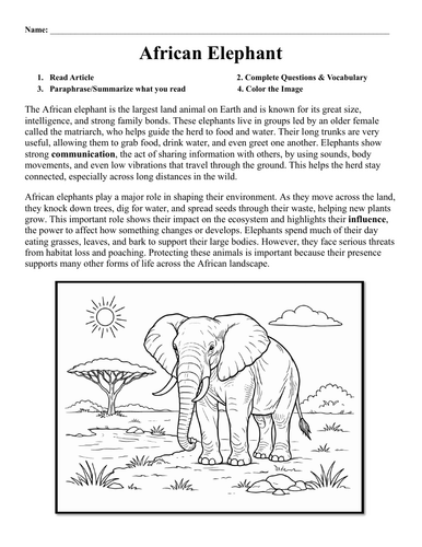 African Elephant Worksheet "Read, Answer, Define, Summarize & Color"