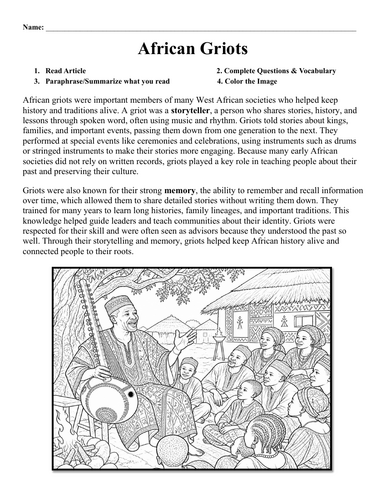 African Griots Worksheet
