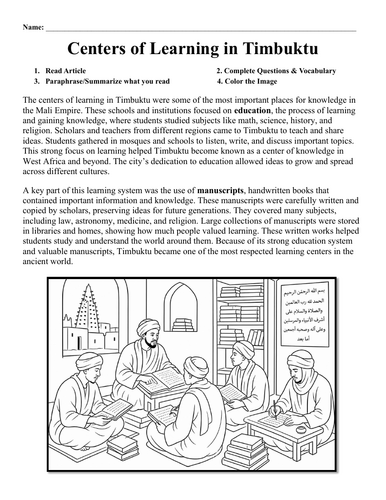 Centers of Learning in Timbuktu Worksheet