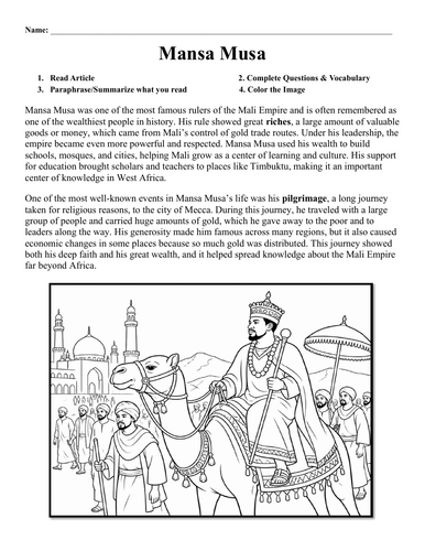 Mansa Musa Worksheet