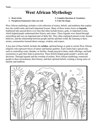 West African Mythology Worksheet