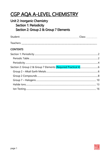 A-Level Chemistry, AQA, Unit 2 Inorganic Chemistry guided notes