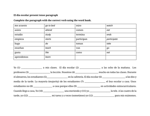 El día escolar present tense paragraph