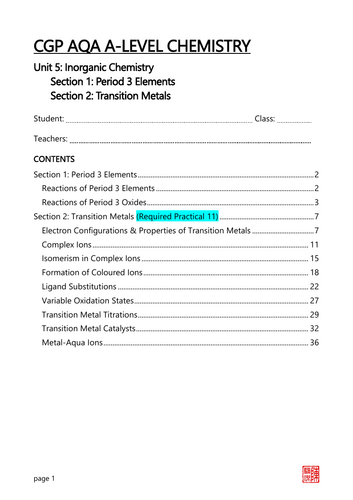 A-Level Chemistry, AQA, Unit 5 Inorganic Chemistry guided notes