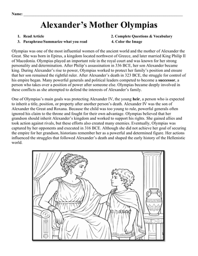 Alexander's Mother Olympias Worksheet