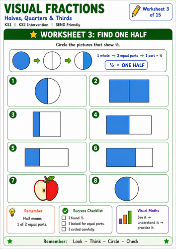 Fractions SEND Visual Worksheets | Halves, Quarters & Thirds draft