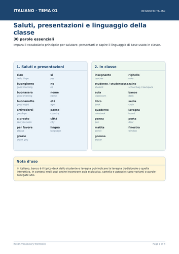 Italian Greetings, Introductions & Classroom Language | 4-Page Vocabulary Workbook + Answers