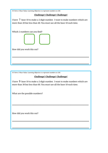 Year 3 Place Value Representing Numbers to 100  Challenge