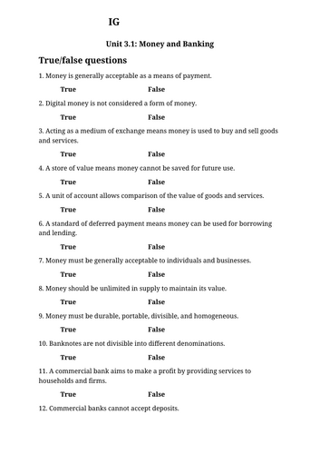 IG Econ Unit 3.1 Money and Banking worksheet