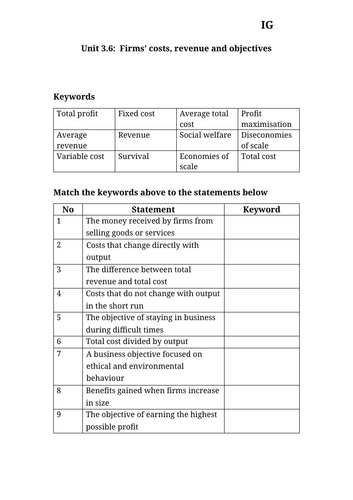 IG Econ Unit 3.6 Firms’ costs, revenue and objectives worksheet