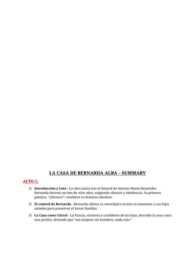 La Casa de Bernarda Alba FULL SUMMARY Spanish A-level