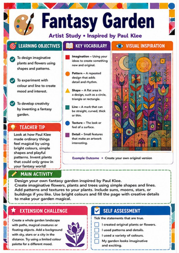 Paul Klee Fantasy Garden Art Worksheet | KS3 Shape, Pattern and Imagination Lesson