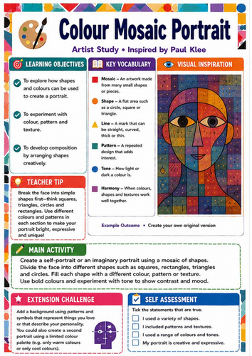 Paul Klee Colour Mosaic Portrait Worksheet | KS3 Portrait and Colour Art Lesson