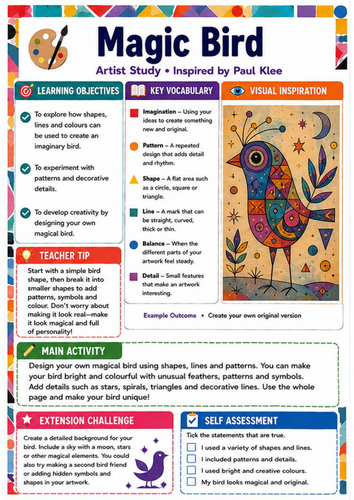 Paul Klee Magic Bird Art Worksheet | KS3 Shape, Line and Pattern Cover Lesson