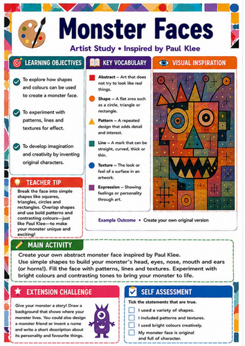 Paul Klee Monster Faces Art Worksheet | KS3 Abstract Shape and Colour Cover Lesson