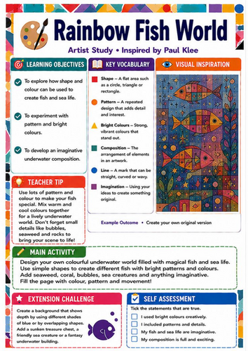 Paul Klee Rainbow Fish World Worksheet | KS3 Shape, Pattern and Colour Art Lesson