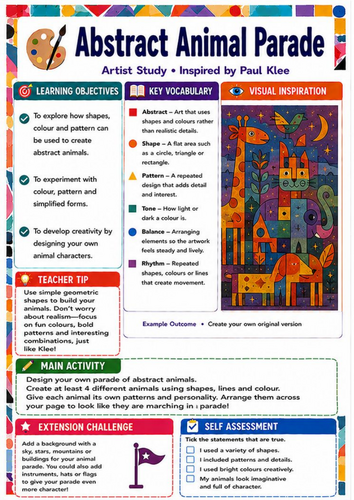 Paul Klee Abstract Animal Parade Worksheet | KS3 Shape, Pattern and Colour Lesson