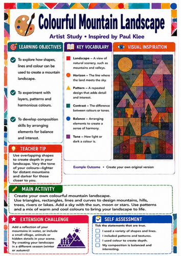 Paul Klee Colourful Mountain Landscape Worksheet | KS3 Shape and Colour Art Lesson