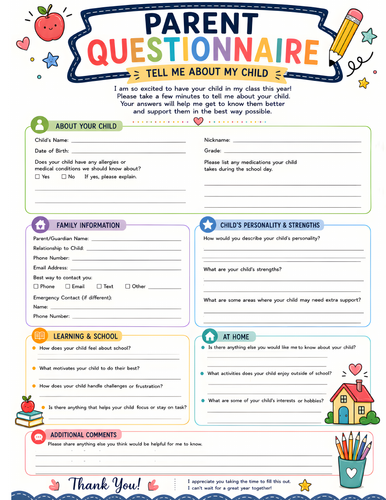 Parent Questionnaire for Teachers, Back to School Parent Survey, Teacher Printable, Classroom Forms,