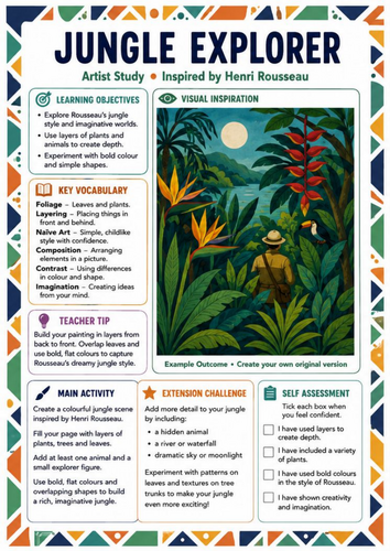 Henri Rousseau Jungle Explorer Art Worksheet | KS3 Artist Study & Cover Lesson