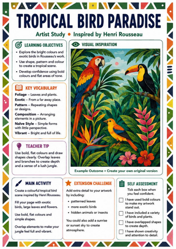 Henri Rousseau Tropical Bird Paradise Worksheet | KS3 Colour & Pattern Art Lesson