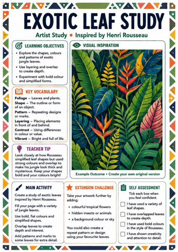 Henri Rousseau Exotic Leaf Study Worksheet | Pattern, Colour & Foliage KS3 Art
