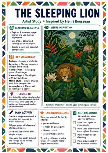 Henri Rousseau Sleeping Lion Art Worksheet | KS3 Jungle Artist Study Lesson